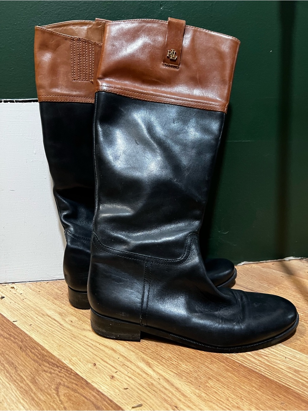 Ralph Lauren Two-Tone Tall Leather Riding Boots - Black & Brown